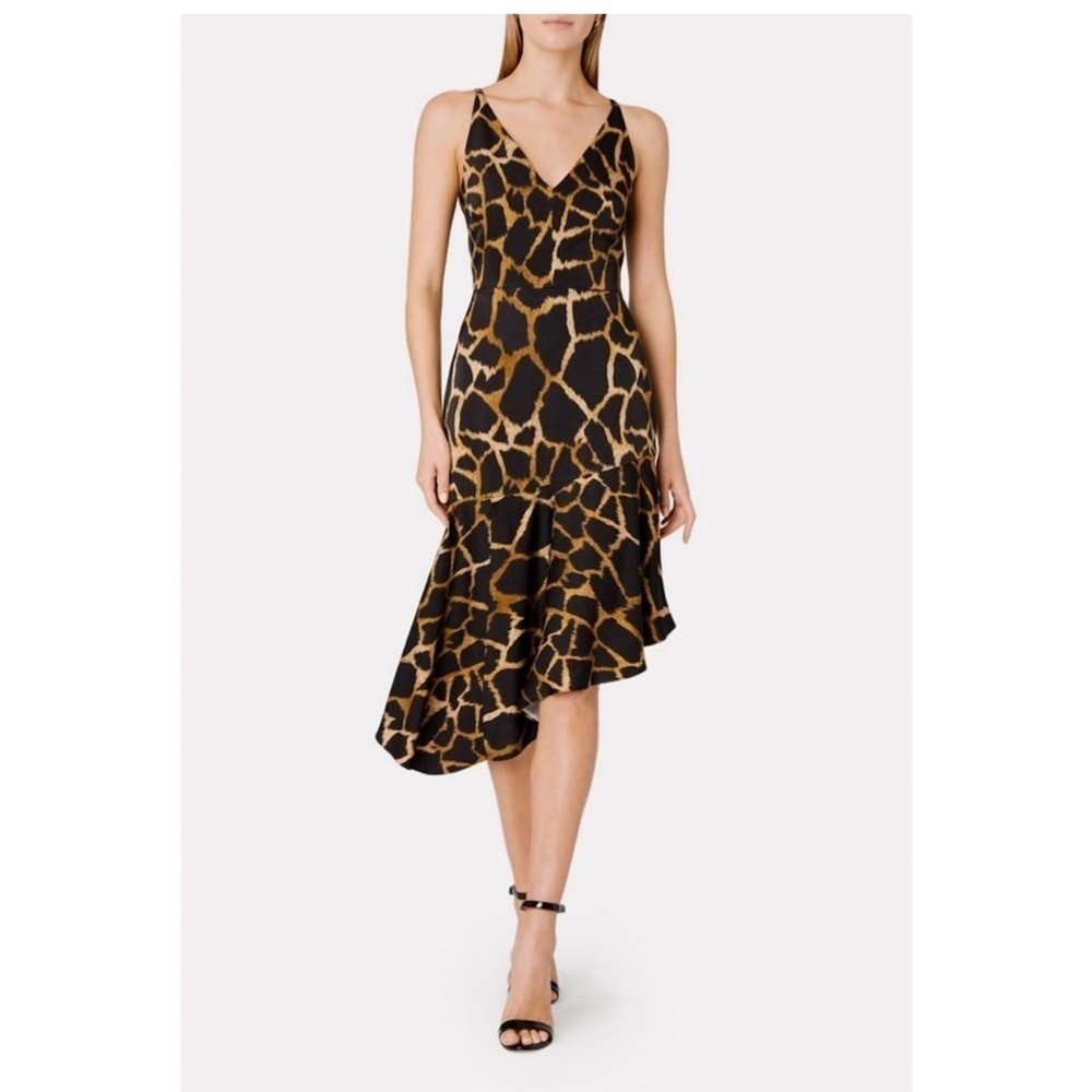 Milly asymmetrical Black "Dashielle" Giraffe Hi Low ruffle Flare Midi Dress 6